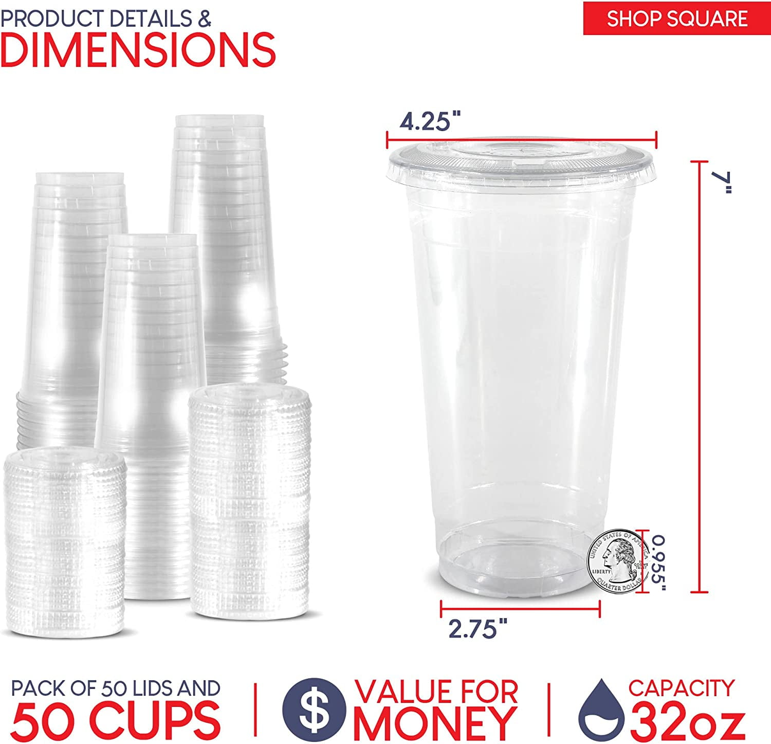 32 oz Plastic Cups with Lids (50 Pack) - Disposable Clear Cups for Iced Coffee, Boba, Milk Tea, Smoothies, and Fruit Shakes for Parties, Cafes, Restaurants