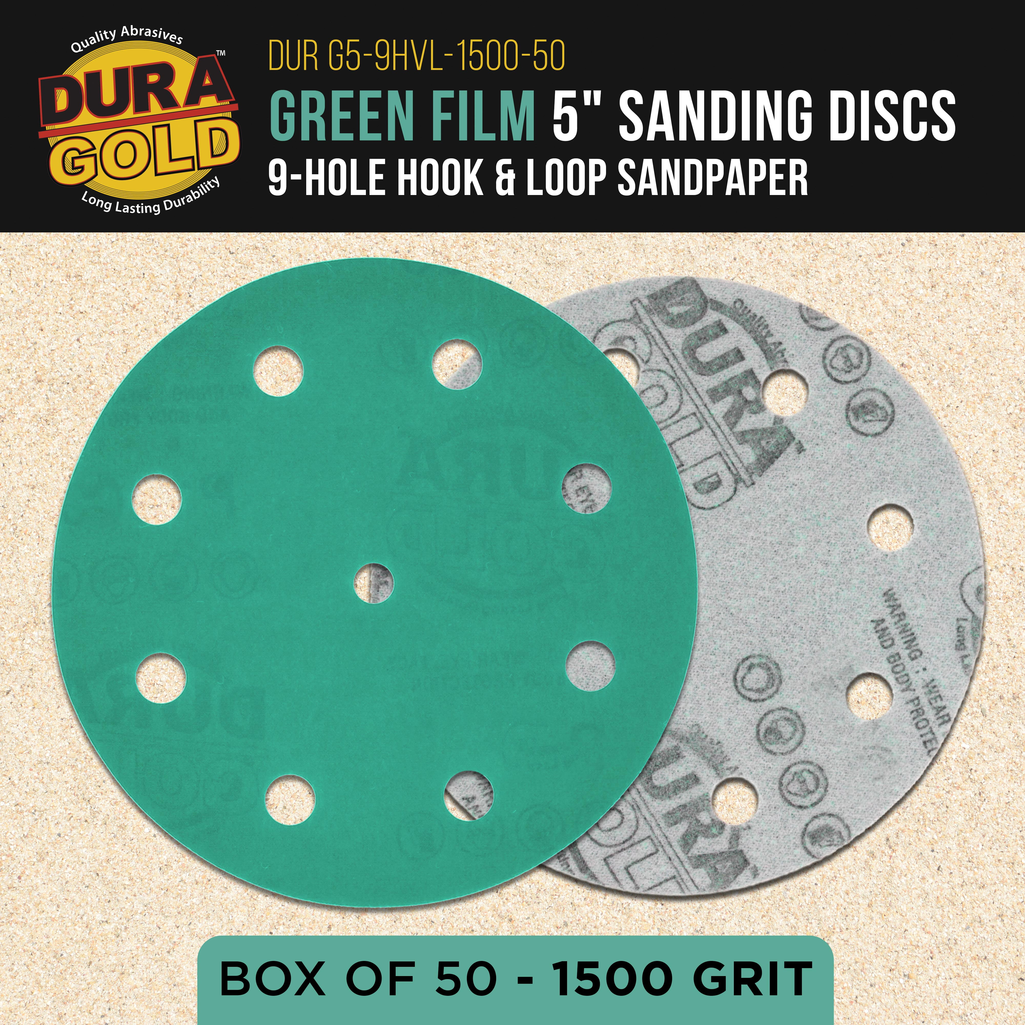 Dura-Gold Premium 1500 Grit 5" Green Film Sanding Discs, 9-Hole Pattern, Box of 50 - Heavy-Duty Dustless Hook & Loop Backing Sandpaper for DA & Random Orbital Sander, Detail Color Sand Auto Paint Wood