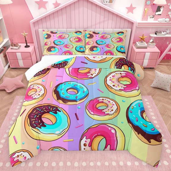 jejeloiu 3D Cartoon Donut Bedding Comforter Set,Colorful Sweet Dessert Twin Comforter Sets,Rainbow Geometric Stripe Bedding Set For Girls Teens,Super Cozy Room Decor,2 Pieces