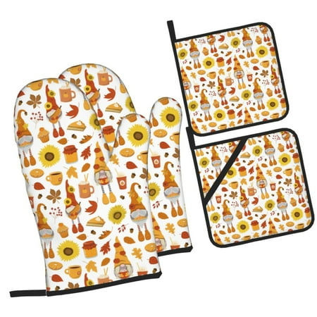 

Zeuib Autumn Harvest Gnomes Oven Mitts and Potholders BBQ Gloves Kitchen Oven Glove High Heat Resistant 500 Degree Extra Long Oven Mitts and Potholder with Non-Slip Silicone Surface for Cooking