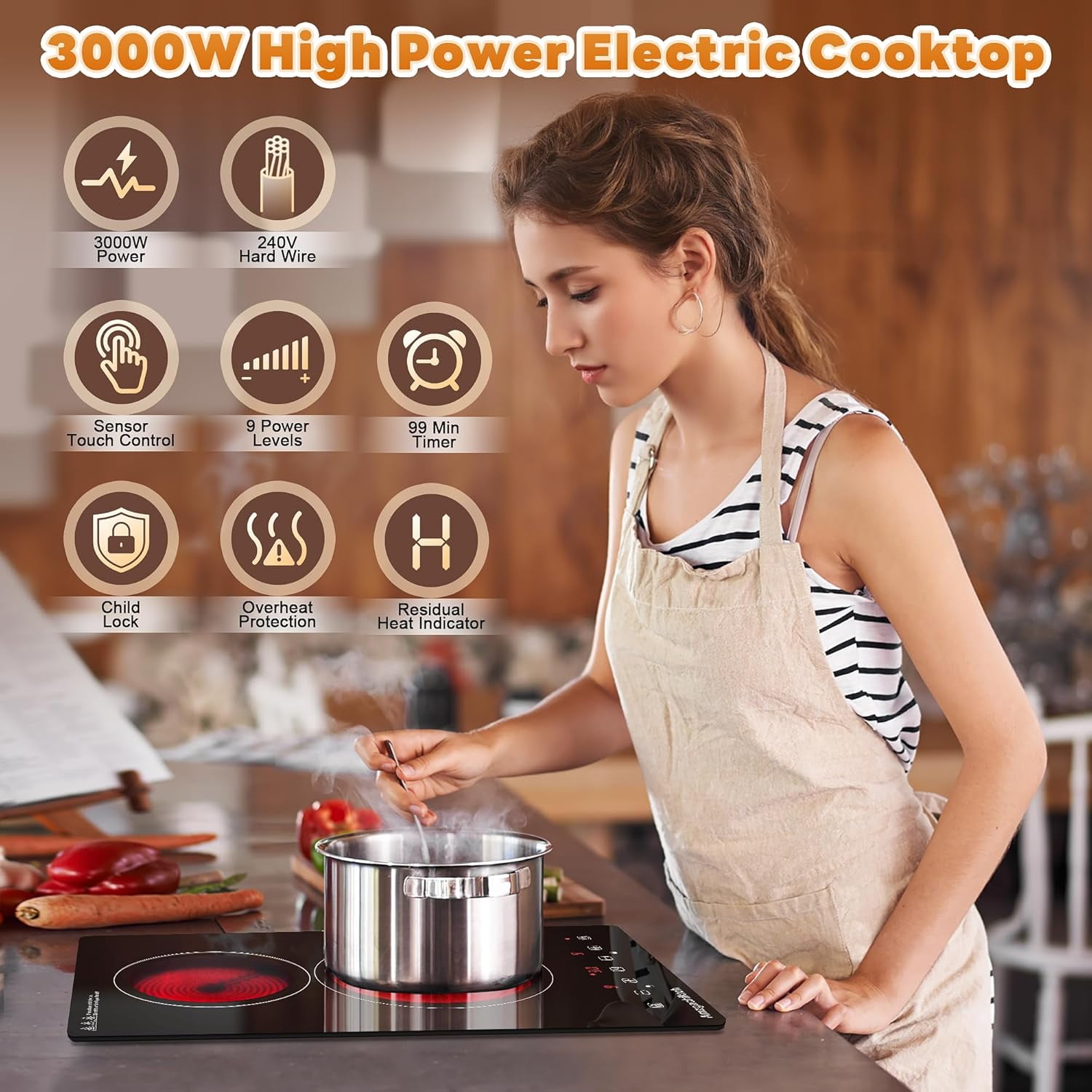 2 4 5 Burner Electric Cooktop 220V~240V, 12 24 30 Inch Built-in 3000W Ceramic Stove Top with Child Safety Lock, Timer & Residual Heat Indicator, Hard Wire(No Plug) for Modern Kitchens
