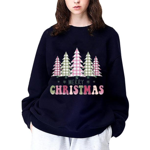 Gibobby Sudadera ligera Mujer Suéter informal a cuadros con estampado de árbol de Navidad para mujer con colores lindo y elegante perfecto para Navidad (Azul, M)