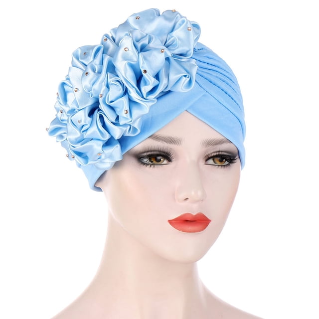 Under $10 Baseball Caps Blue Women Solid Beading India Hat Muslim Ruffle Cancer Chemo Hat Beanie Wrap Cap