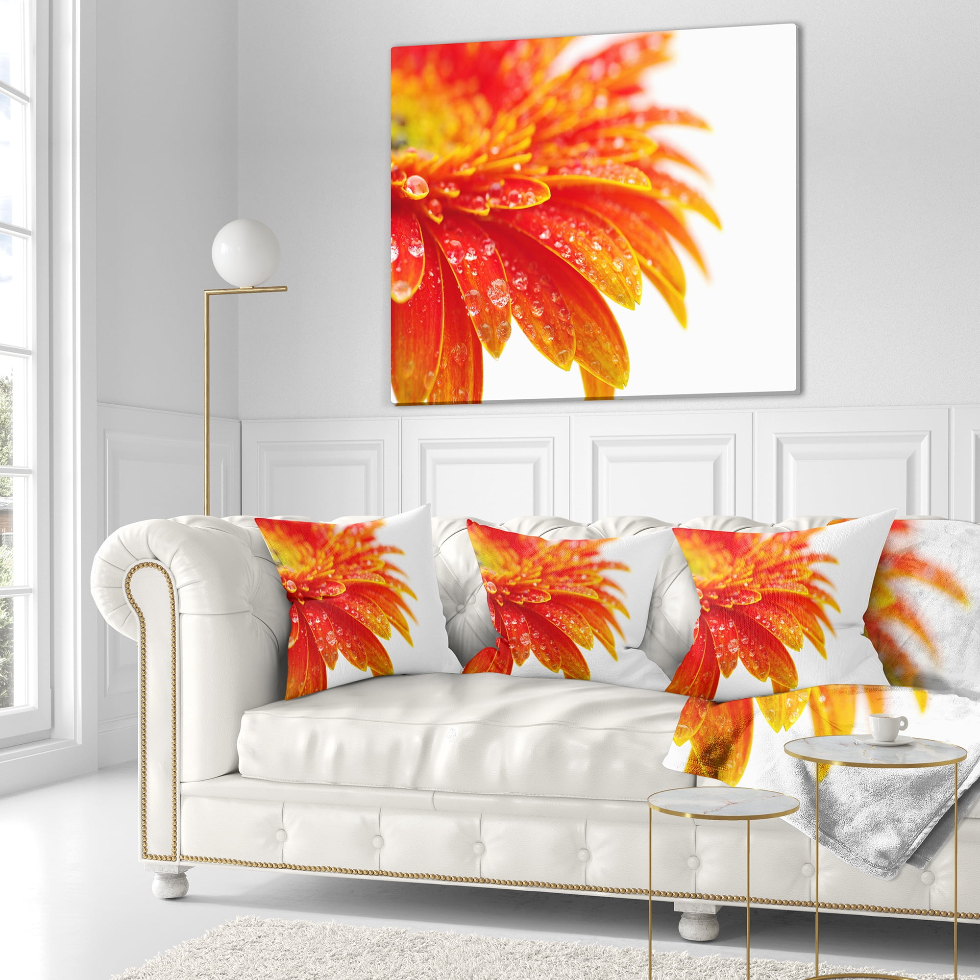 Designart Orange Gerbera with Raindrops - Floral Throw Pillow - 16x16