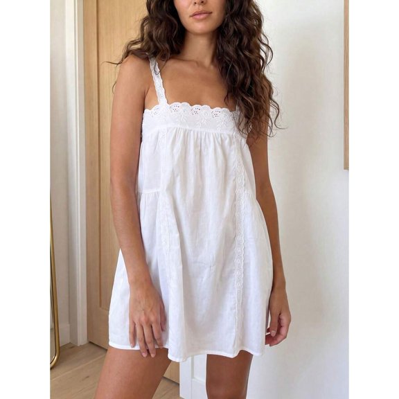 White Eyelet Lace Trim Spaghetti Strap Mini Sundress Flowy Babydoll Dress