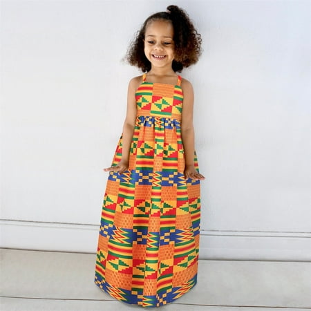 

Toddler Kids Baby Girls African Dashiki Traditional Style Sleeveless Strap Dress Ankara Princess Backless Dresses Outfits 1-6Y