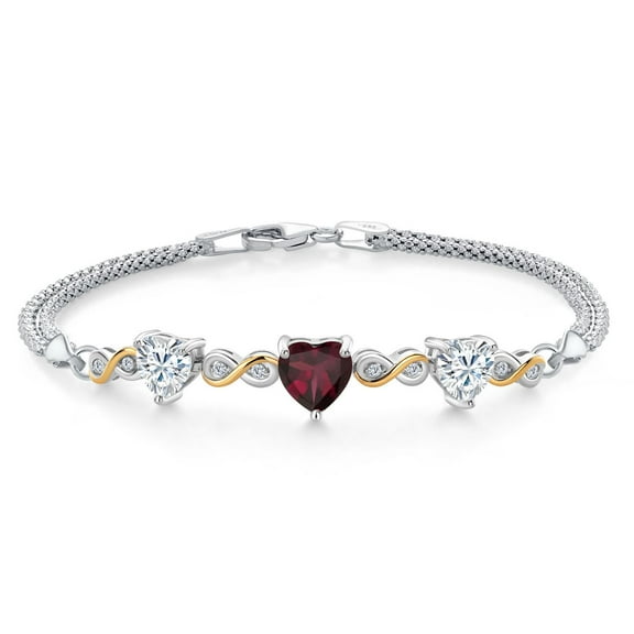 925 Silver and 10K Yellow Gold Red Rhodolite Garnet and White Moissanite and Lab Grown Diamond Bracelet for Women (3.18 Cttw, January Birthstone, Heart 7MM and 6MM, 6.5/7/7.5 inch, Made in Italy)