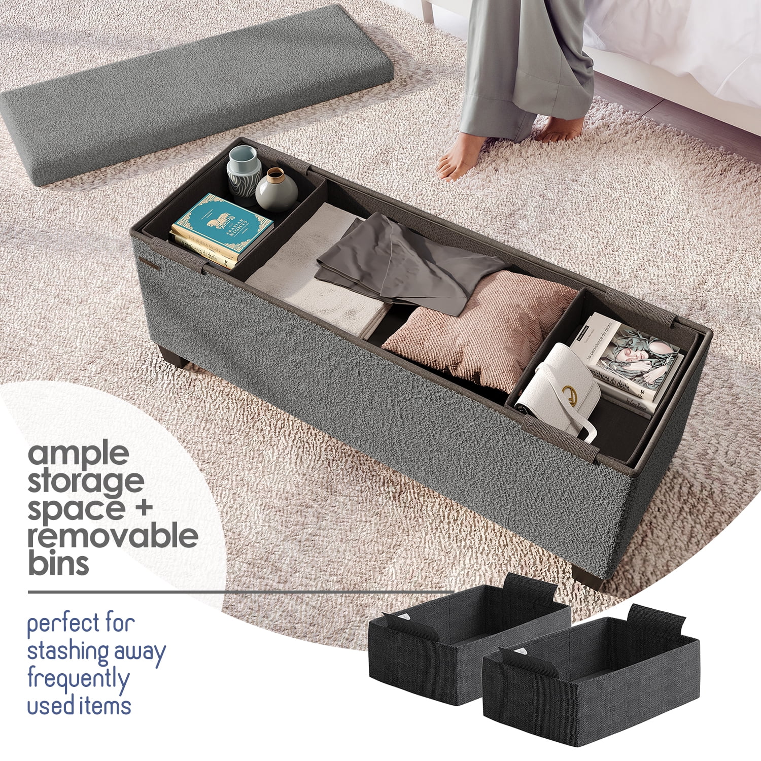 Hearth & Harbor Storage Ottoman Bench, Boucle 43" Ottoman with Storage , Grey