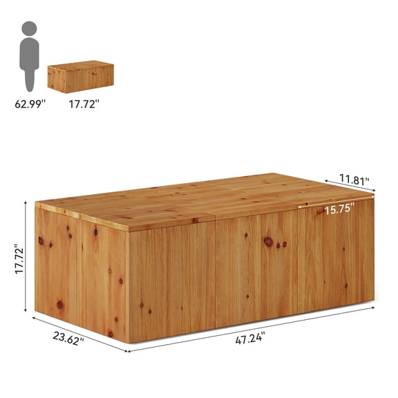 TRIBEWOOD 47-inch Solid Wood Block Coffee Table, Farmhouse Rectangle Center Table for Living Room