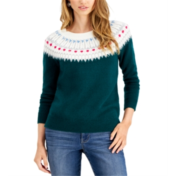 Style & Co Women's Beaded Fair Isle Sweater Green Size Small