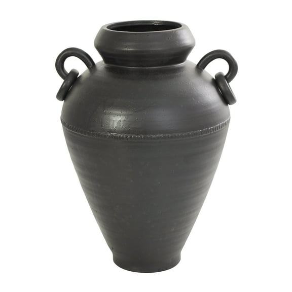 DecMode 15" Amphora Black Ceramic Vase with Speckled Texture and Ring Handles