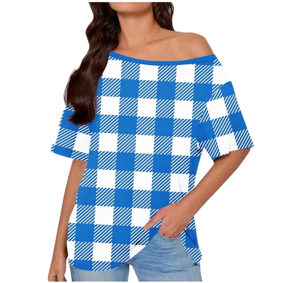 YUGYXL Women's Off Shoulder Shirt Fashion Plaid Short Sleeve Crewneck Tee Shirts Spring Loose Comfort Casual Tops Light Blue S