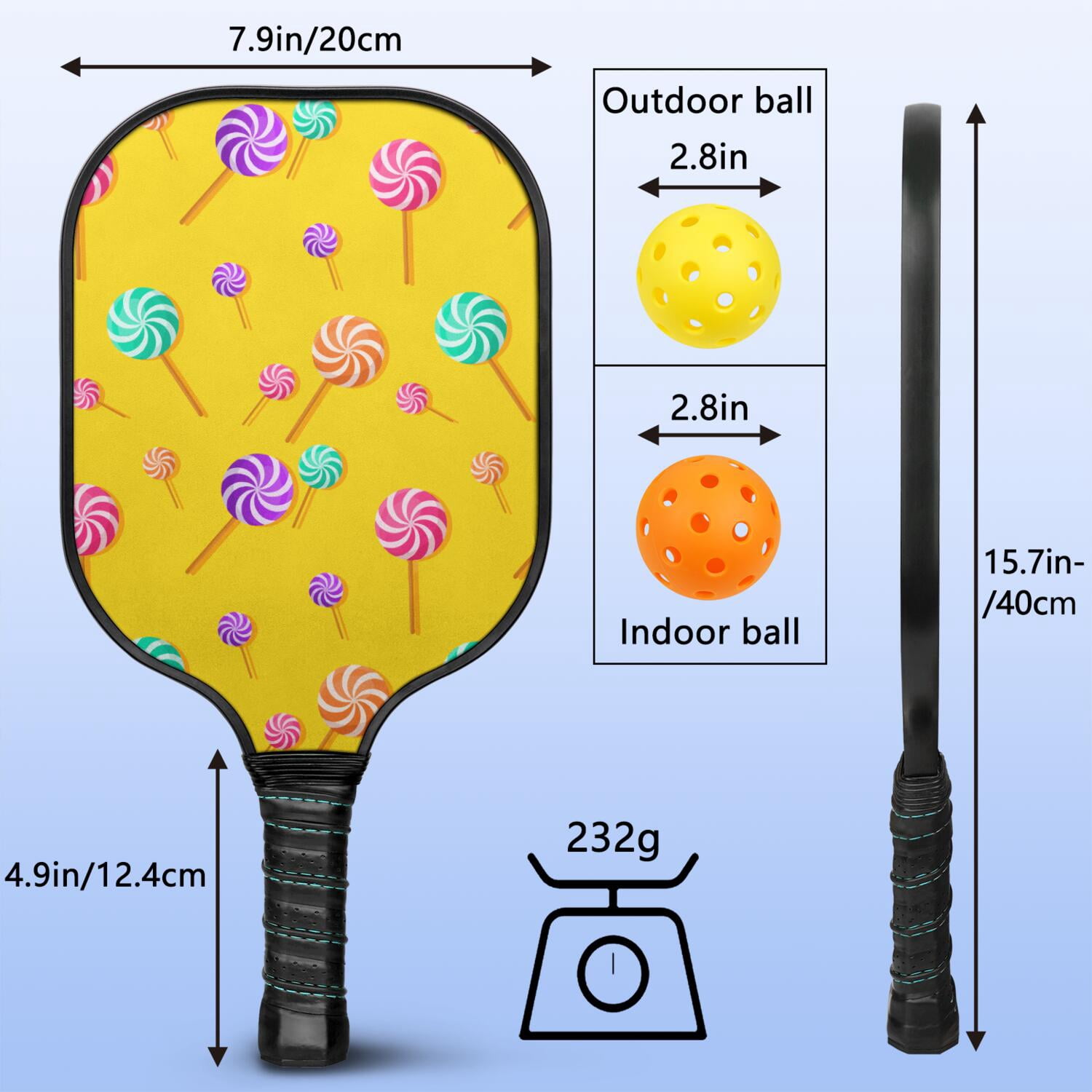 Pickleball Paddles Set Of 2, Fiberglass Surface, Sweet Candy Print, 4 Balls & Bag