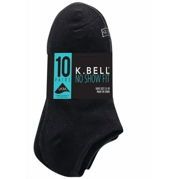 K. Bell Women's No Show Sock 10 Pairs, Black - Shoe Size 5.5-10