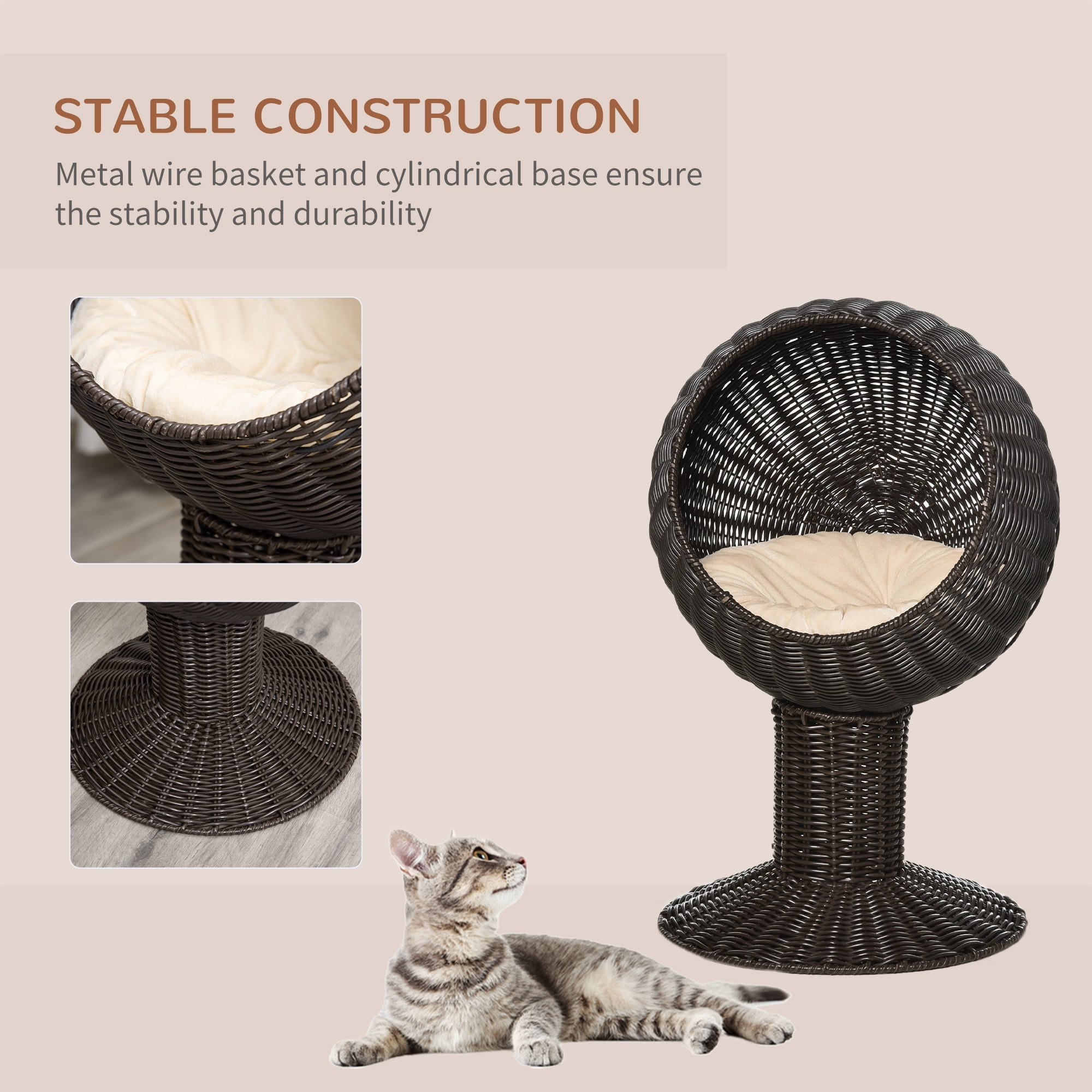 Rotating Cat Bed House, Elevated Woven Rattan Basket with Plush Cushion, 2-Position Hideaway for Cats Up to 10 lbs, No Assembly Required, Coffee Brown