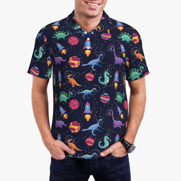 Fotbe Space Dinosaur Camiseta Polo de Golf para Hombre con Estampado – Camisa Deportiva Transpirable con Cuello Abotonado-X-Large