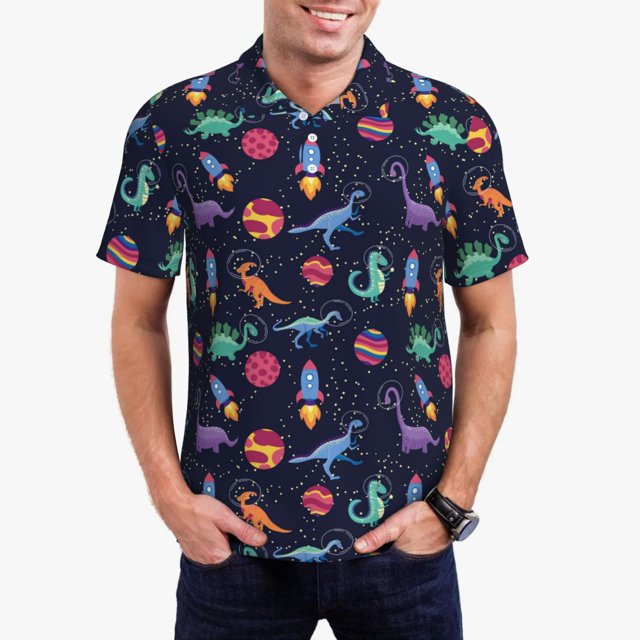 Balery Space Dinosaur Camisa Polo de Hombre con Estampado, de Manga Corta y Tejido Medio, Camisa Tipo Golf Polo-X-Large