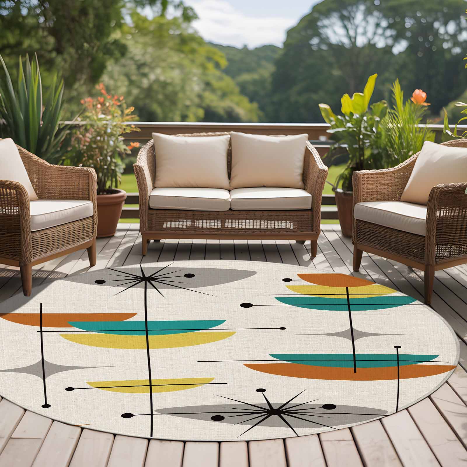 Boho Modern Round Rugs 8ft, Middle Century Teal Yellow Orange Geometric Non Slip Washable Rug Runner, Low Pile Indoor Floor Carpet Mat Bathroom Rugs for Living Room, Bedroom, Kids Room