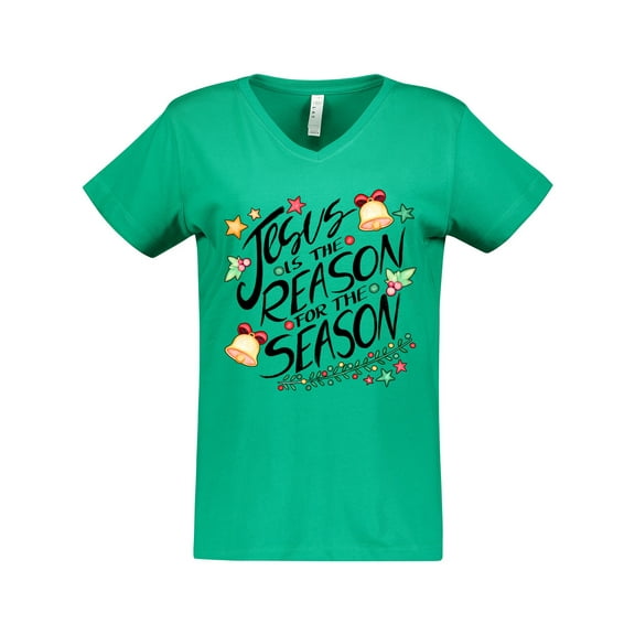 Inktastic Jesus is the Reason for the Season Christmas Bells and Stars Women's V-Neck T-Shirt
