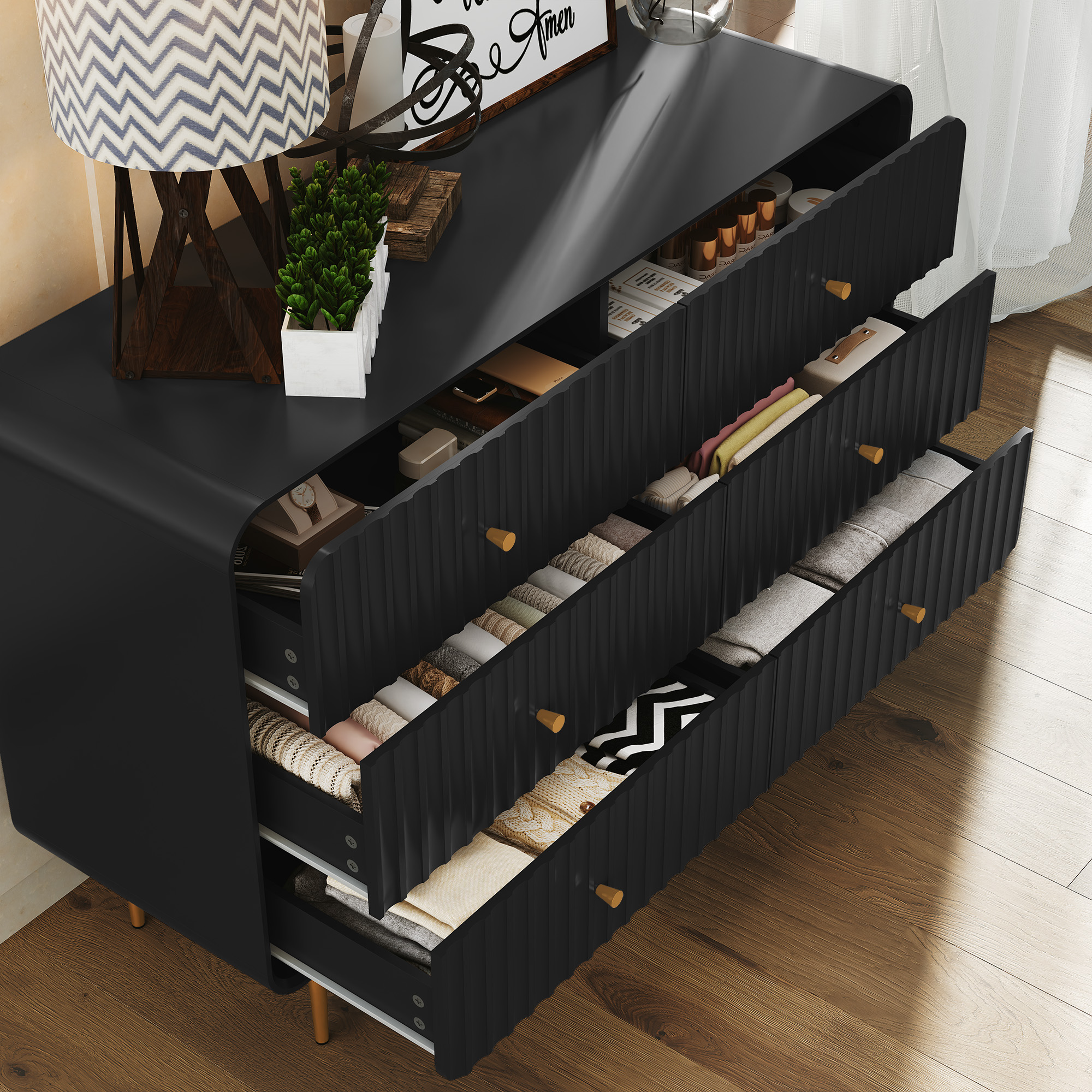 HLR 6 Drawers Dresser for Bedroom, 54'' W Modern Fluted Storage Chest of Drawers for Hallway, Black