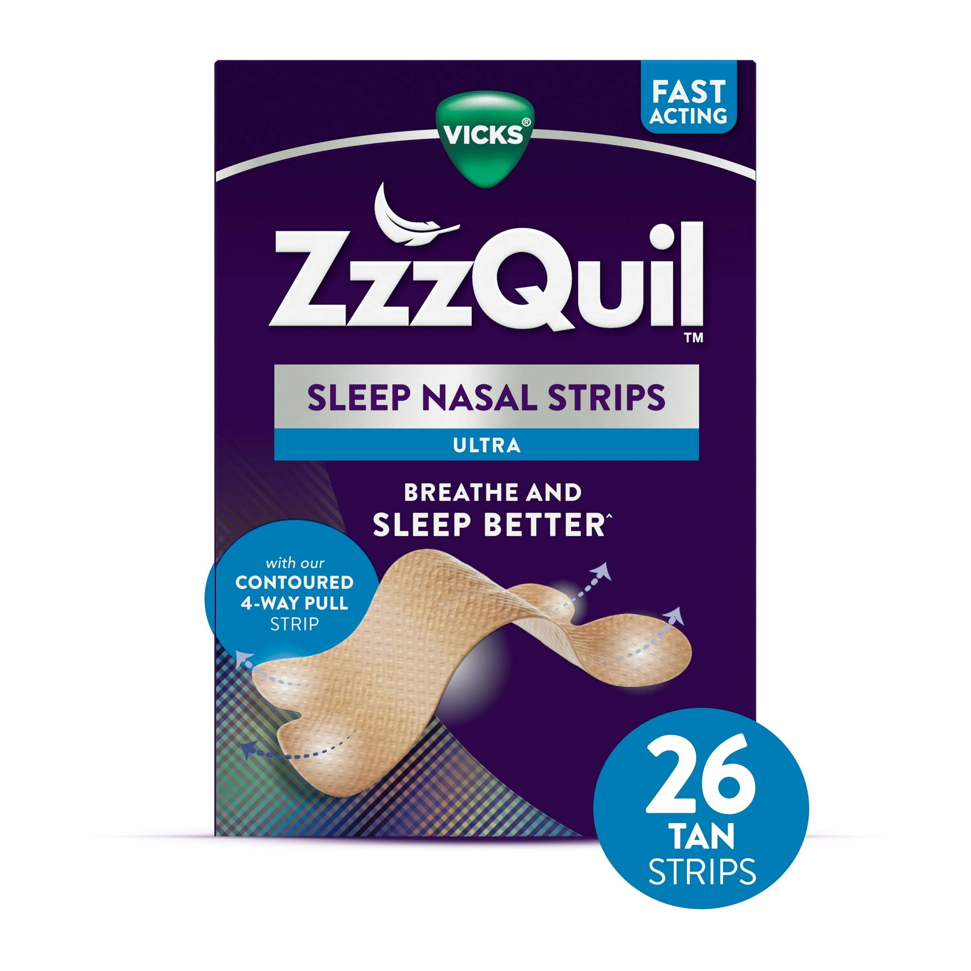 Vicks ZzzQuil Sleep Aid Ultra Nasal Strip, Anti-Snoring Nasal Strips, Tan, Unscented, 26 Count
