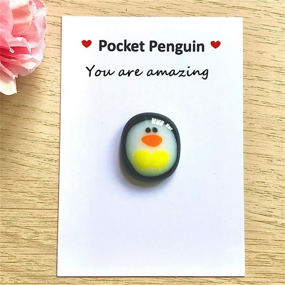 Oefntac Décorations de la Saint-Valentin Jouet de Poche Petit Pingouin Mini Soulagement de l'Anxiété Cadeau Fait Main Carte d'Encouragement en Verre Mariage Anniversaire Amitié Significative Cadeau Sentimental