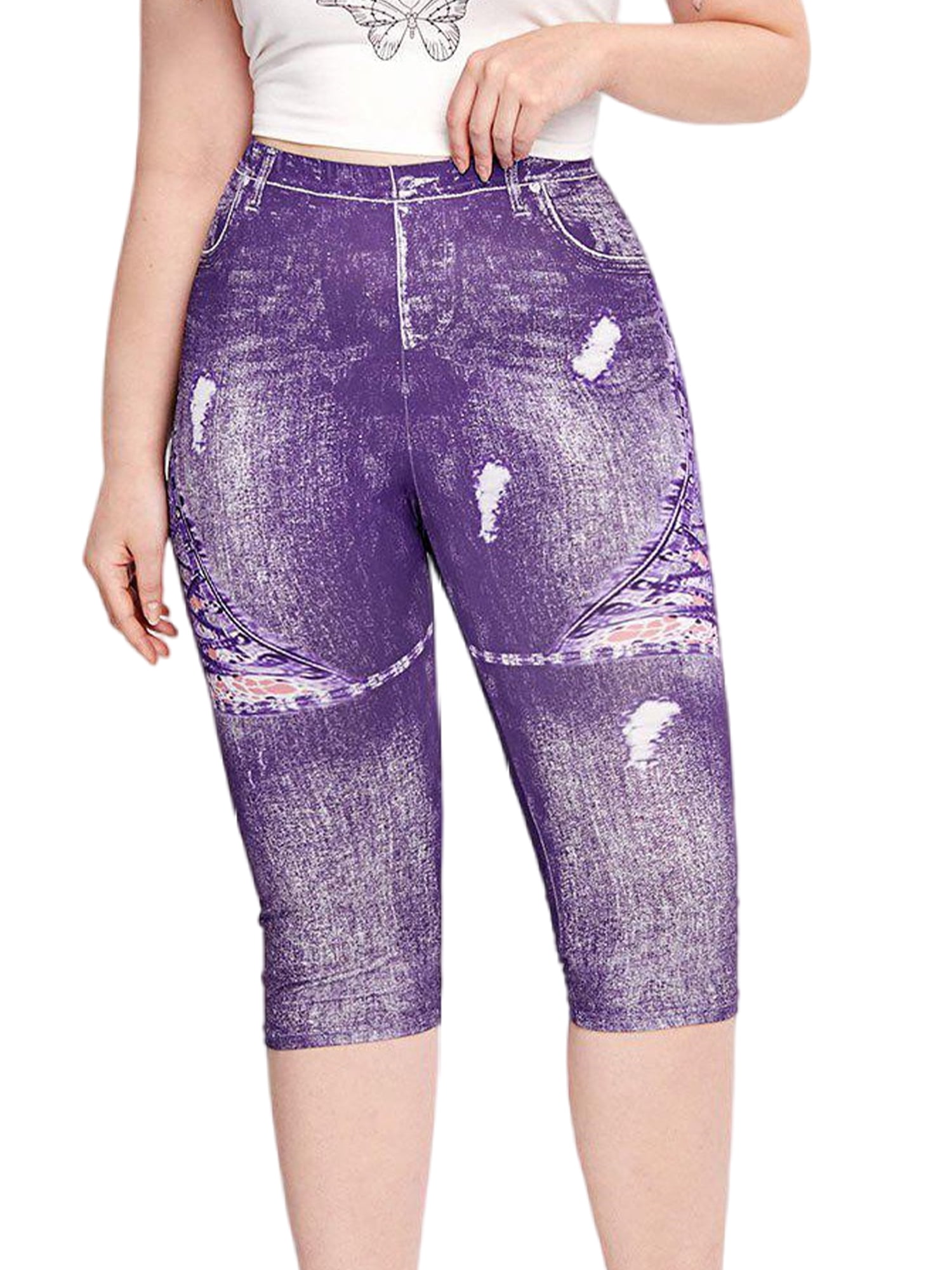 Capreze Plus Size Capri Leggings for Women Faux Denim Jeans Butterfly