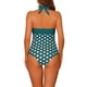 thumbnail image 3 of Monokini de cuello halter con lunares para mujer, traje de baño de una pieza con control de abdomen y corte de cuerda, color verde oscuro medio, 3 of 5