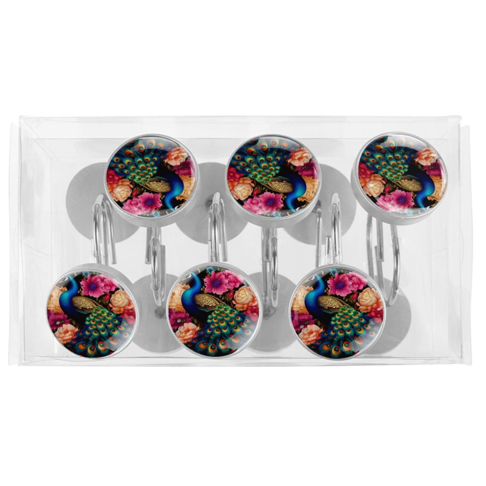 Peacock Shower Curtain Hooks （Set of 12） for Home Hotel Shower Rods Bathroom Crystal Glass Print Stainless Steel Round Curtain Hooks