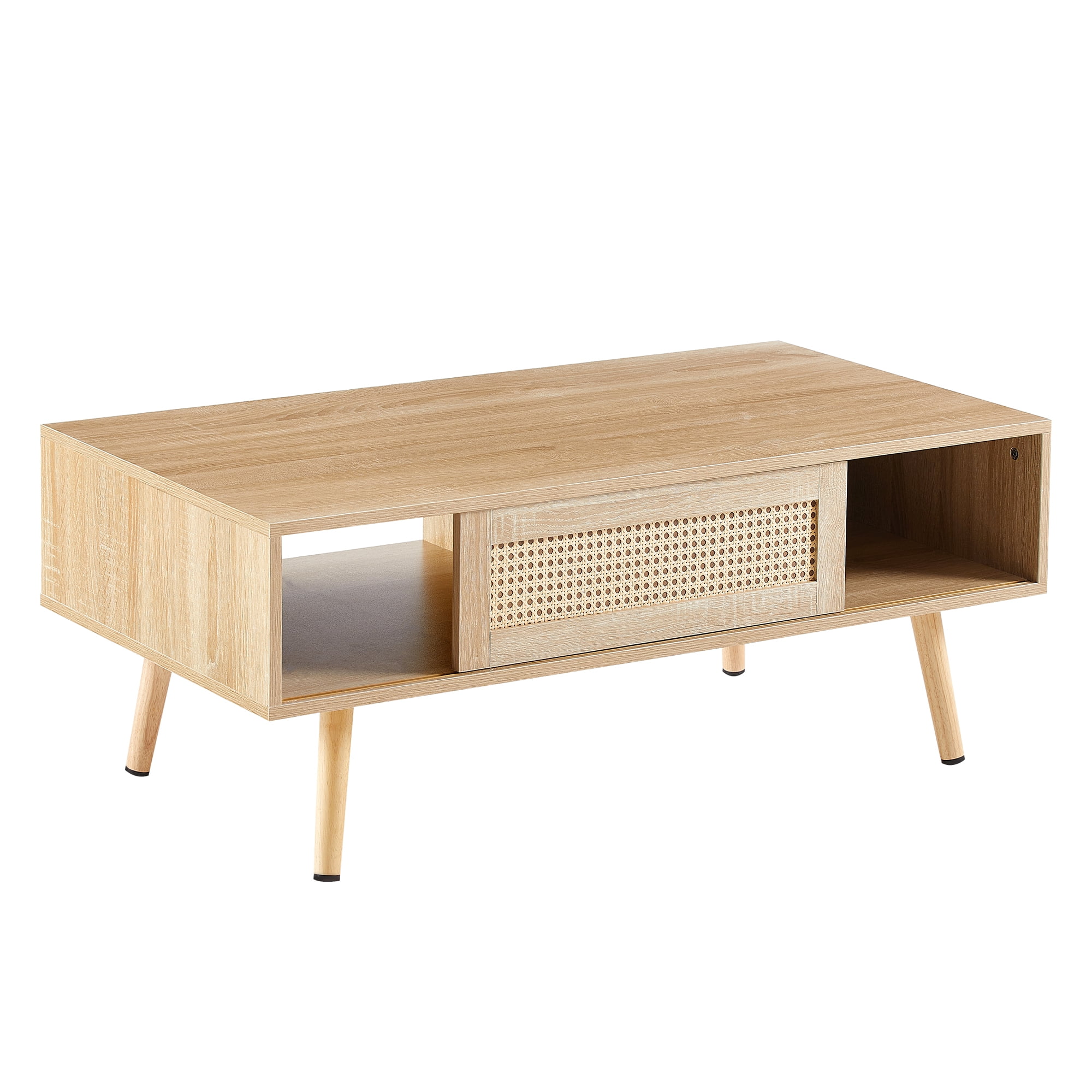 MAYEERTY 41.34" Rattan Coffee Table with Sliding Door, Solid Wood Legs, Natural