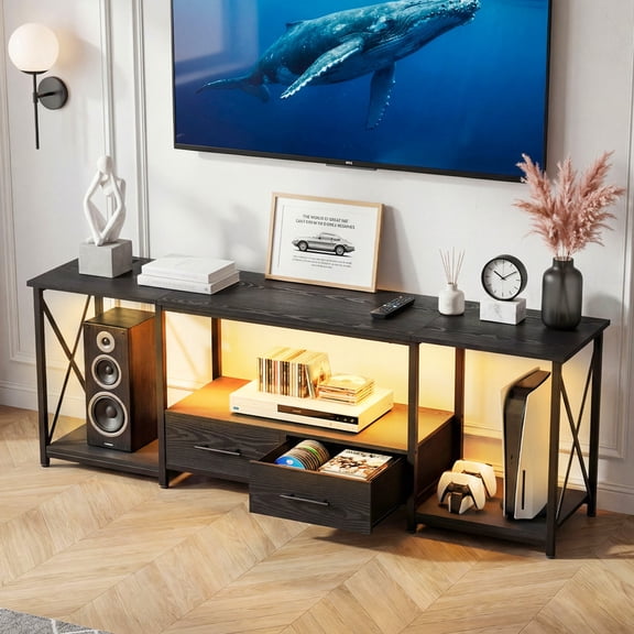 63" LED TV Stand for 65, 70, 75 Inch TV – Entertainment Center with 2 Fabric Drawers, Open Shelves & Power Outlets, TV Console for Living Room or Bedroom,Black