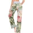 thumbnail image 5 of Women's Pink Peony Green Leaf Pajama Pants, Casual Pajama Bottoms Lounge Pants Wide Leg, 5 of 7