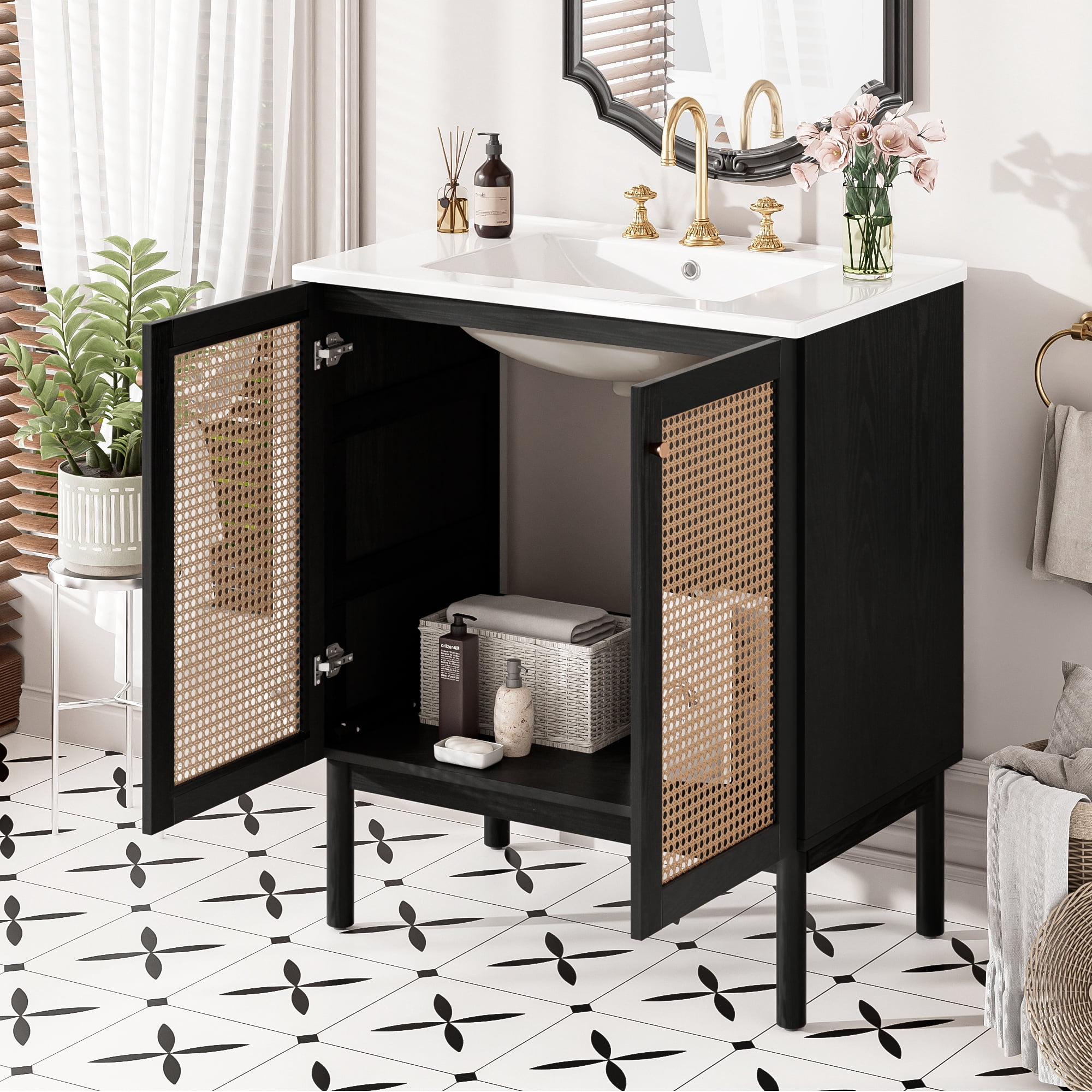 Euroco 30-inch bathroom vanity crafted from natural materials, featuring handmade rattan doors and soft-closing mechanisms
