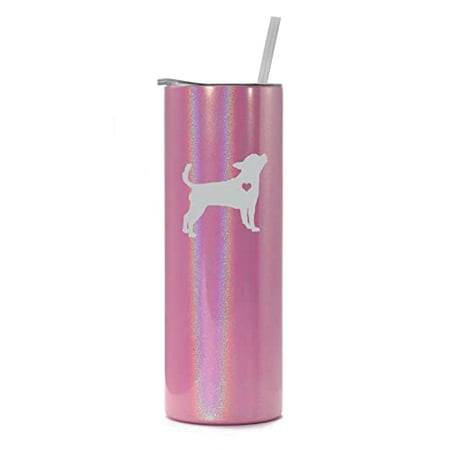 

20 oz Skinny Tall Tumbler Stainless Steel Vacuum Insulated Travel Mug Cup With Straw Cute Chihuahua With Heart (Pink Iridescent Glitter)