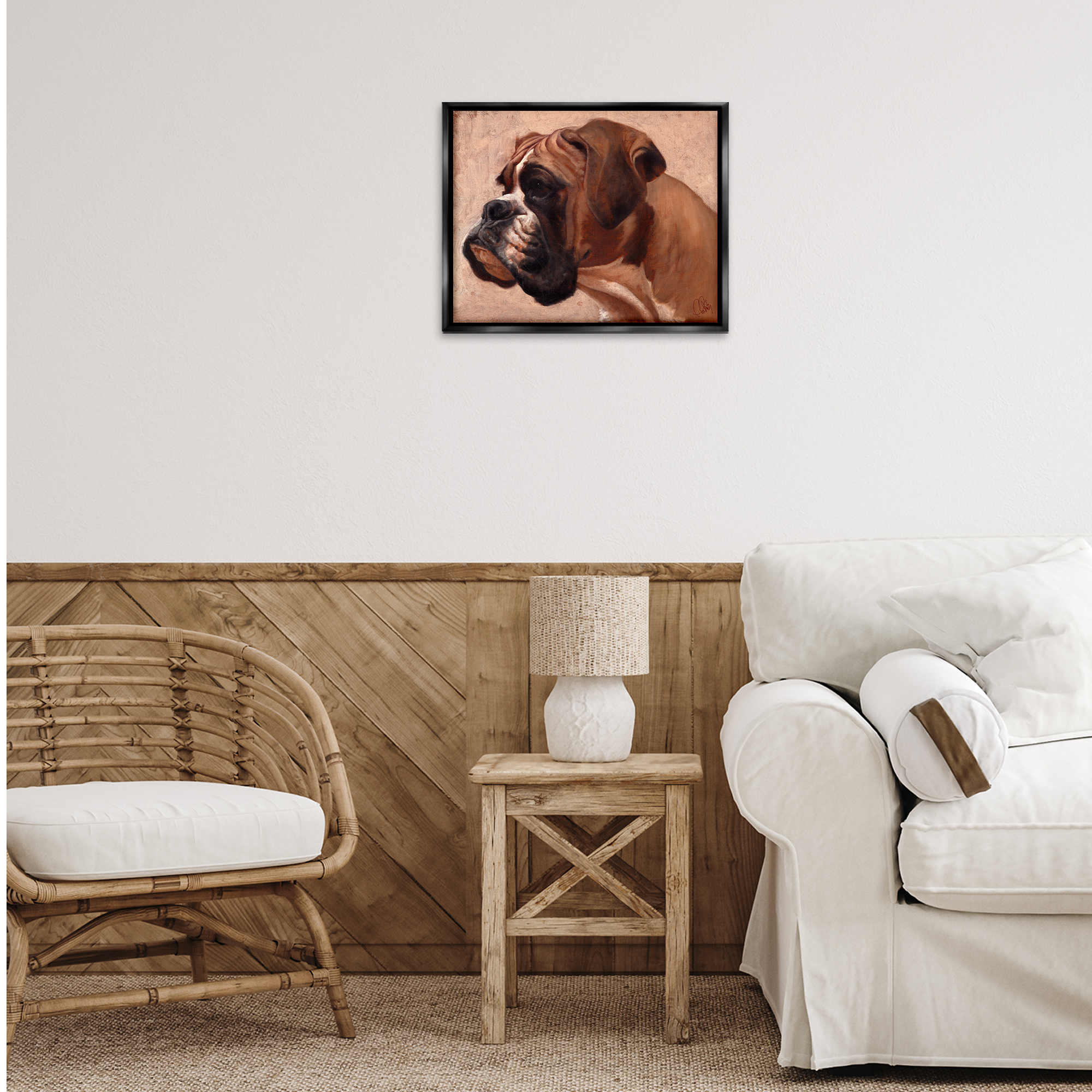 Stupell Industries Boxer Dog Neutral Portrait Animals & Insects Painting Black Floater Framed Canvas Art Print Wall Art, 21 x 17