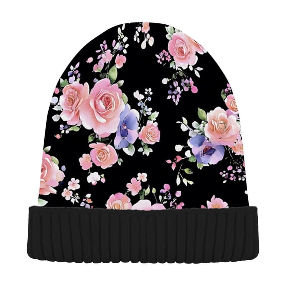 joogoo Elegant Rose Flower Beanie Hats Cuffed Winter Warm Knit Thick Beanies
