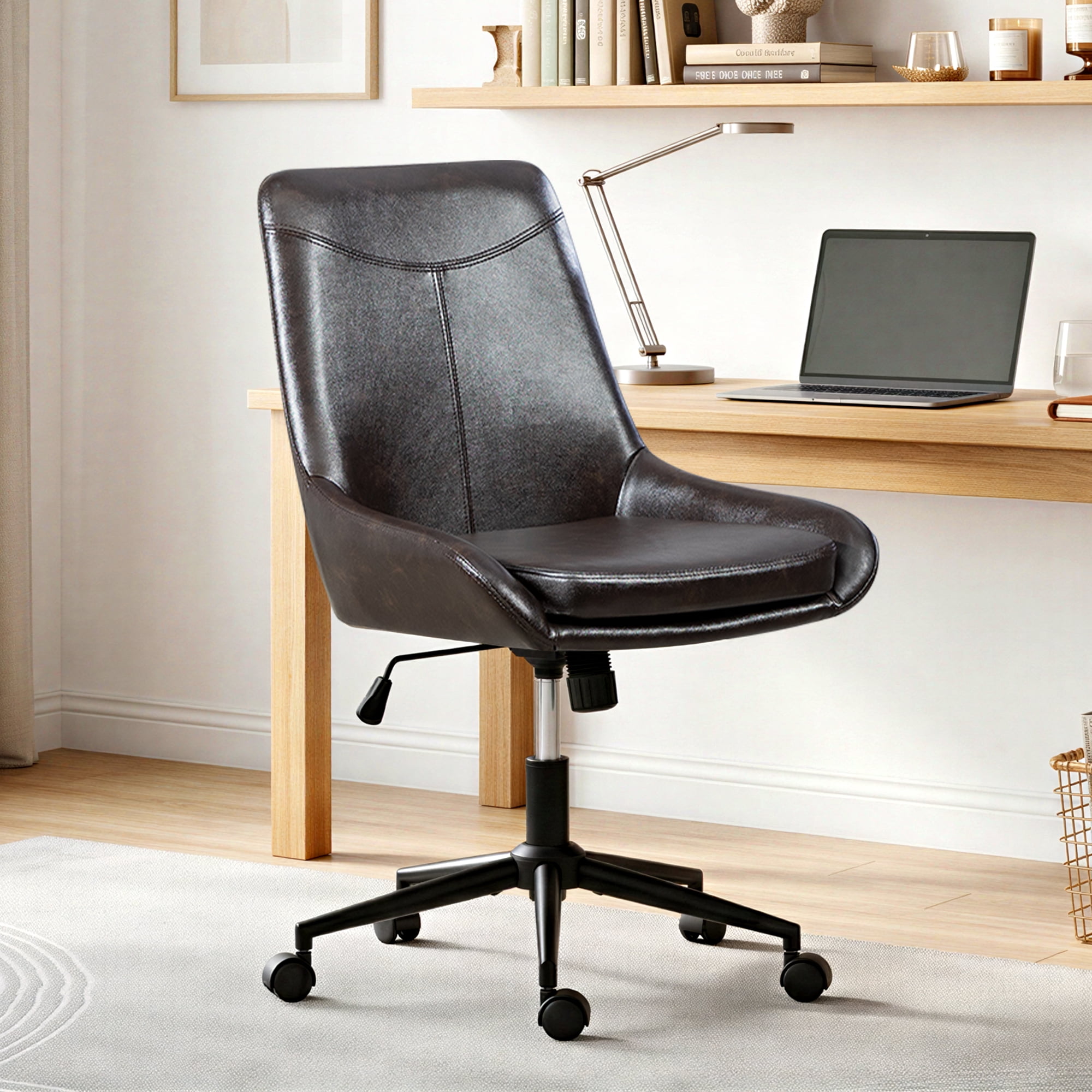 Faux Leather Home Office Task Chair, Armless Office Chair With Wheels, Swivel Adjustable Seat Height Desk Chair with Rocking Function for Living Room or Study, Black Brown
