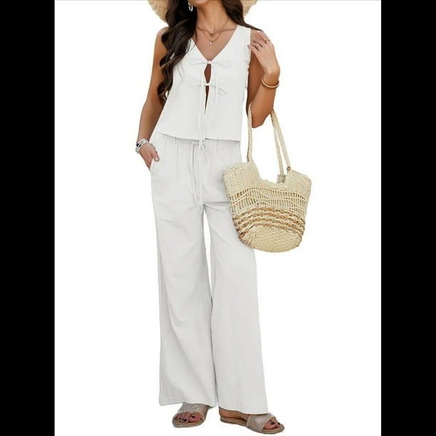 Conjunto de 2 Piezas para Mujer: Chaleco con Cuello en V y Cintura con Lazo, Pantalones Casuales de Pierna , , Talla XL