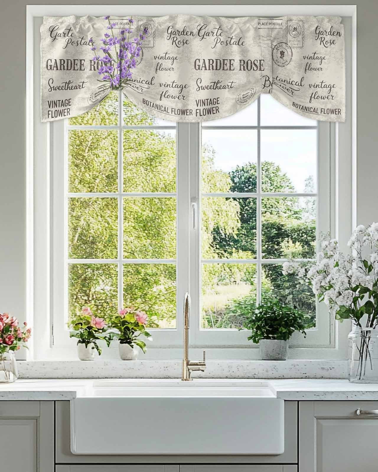 Purple Lavender Tie Up Valances Curtain, Vintage Letter Texture Flowers Floral Kitchen Valances for Windows Decor, Rod Pocket Short Curtains Set for Bedroom/Bathroom, 54"x18"