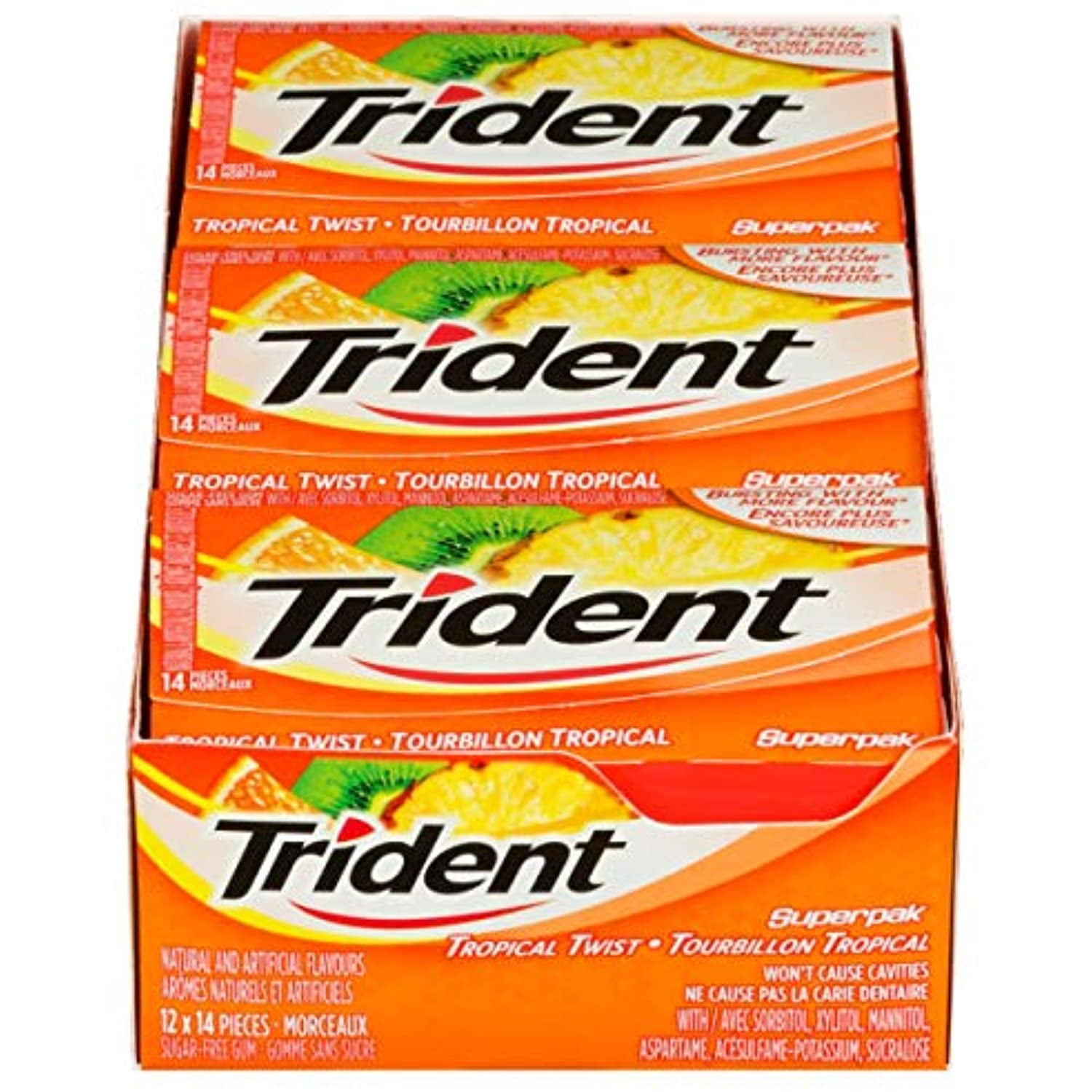 Trident Sugar Free Tropical Twist Gum Superpak, 12 Pack (14 Pieces Each) {Imported From Canada}