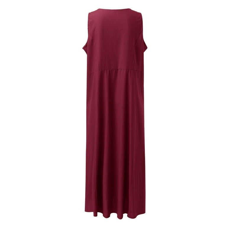 Wuxian Women'S Dresses Casual Maxi Solid Sleeveless Tank Top Crew Neck  Linen Dress With Pockets Flowy Swing Long A-Line Dress,Burgundy,L -  Walmart.com
