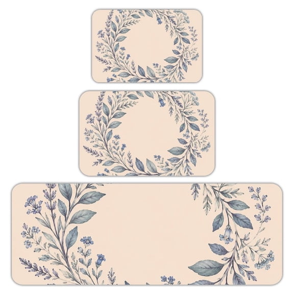 RKSupls Kitchen Rug Set 3 Piece Anti-Slip Flannel Floor Mats, Blue Floral Wreath Washable Absorbent Runner Mats for Kitchen Bathroom Home Decor