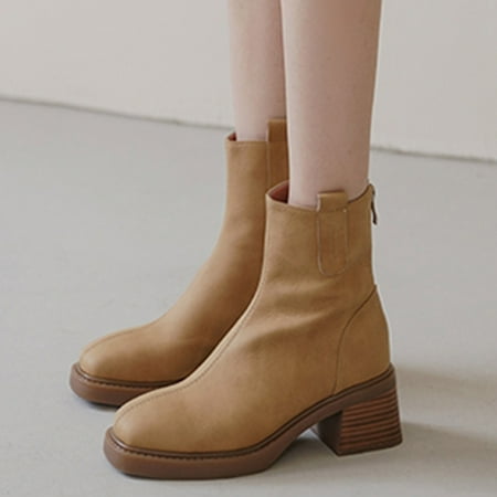 

PhoneSoap Fashion Autumn Women Ankle Boots Heel Middle Heel Square Toe Solid Color Back Zipper Khaki