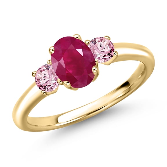 Gem Stone King 10K Yellow Gold Red Ruby and Pink Lab Grown Diamond Engagement Ring for Women | 1.36 Cttw | Oval 7X5MM | Gemstone July Birthstone | Size 7