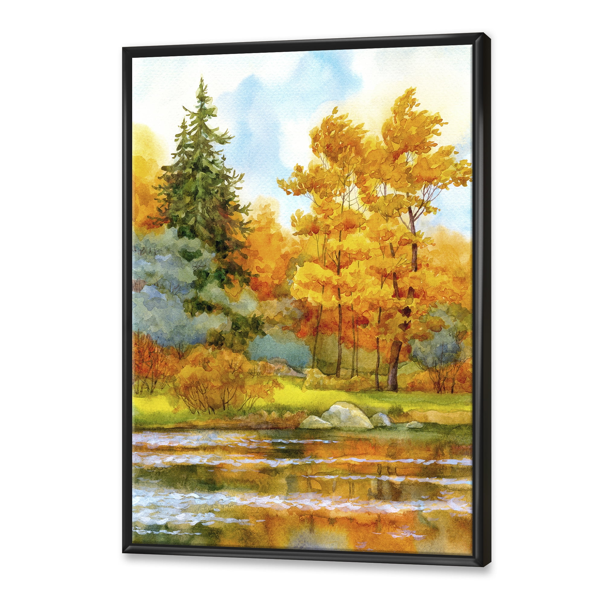 Designart 'Autumn Forest By The Lake Side I' Lake House Framed Canvas Wall Art Print