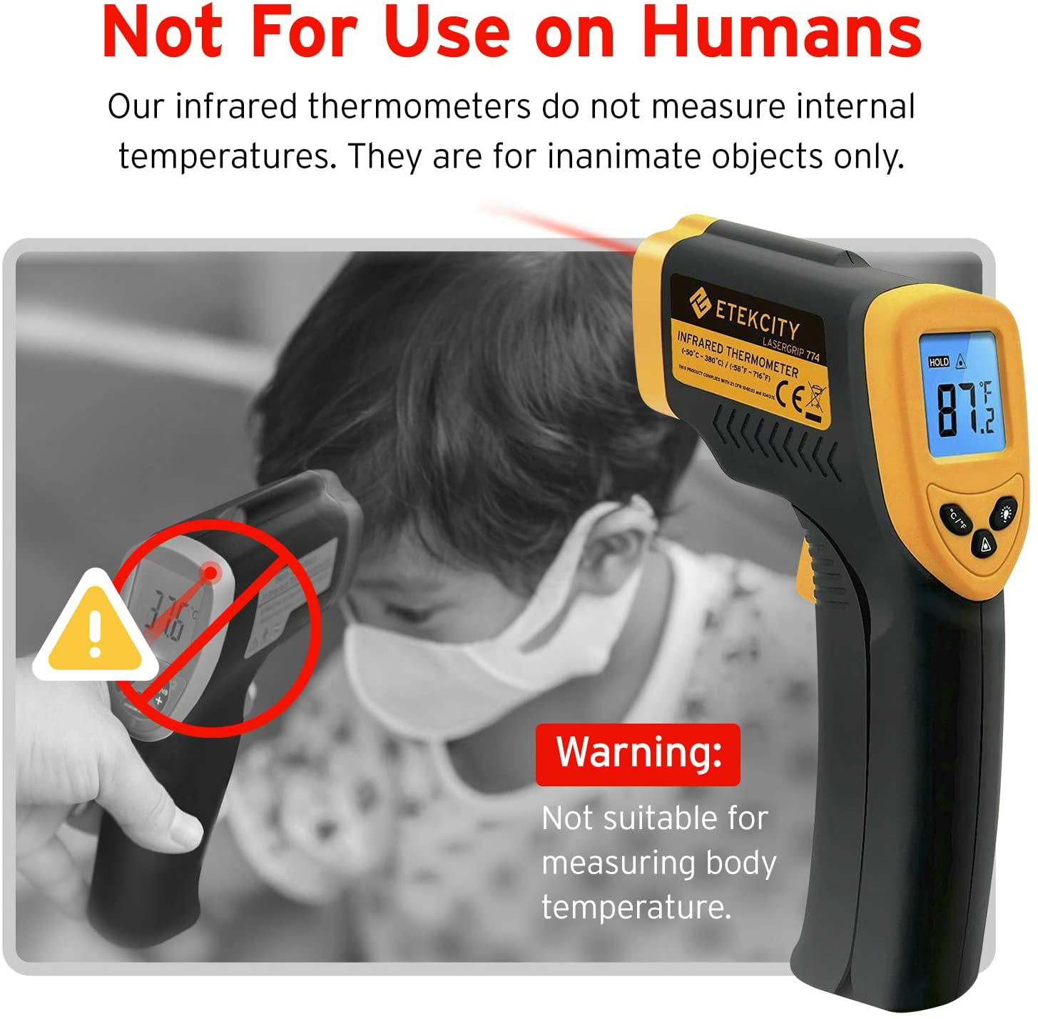 Etekcity Infrared Thermometer 774 (Not for Human) Temperature Gun  Non-Contact Digital Laser Thermometer-58℉ to 716℉ (-50 to 380℃), Standard  Size, 