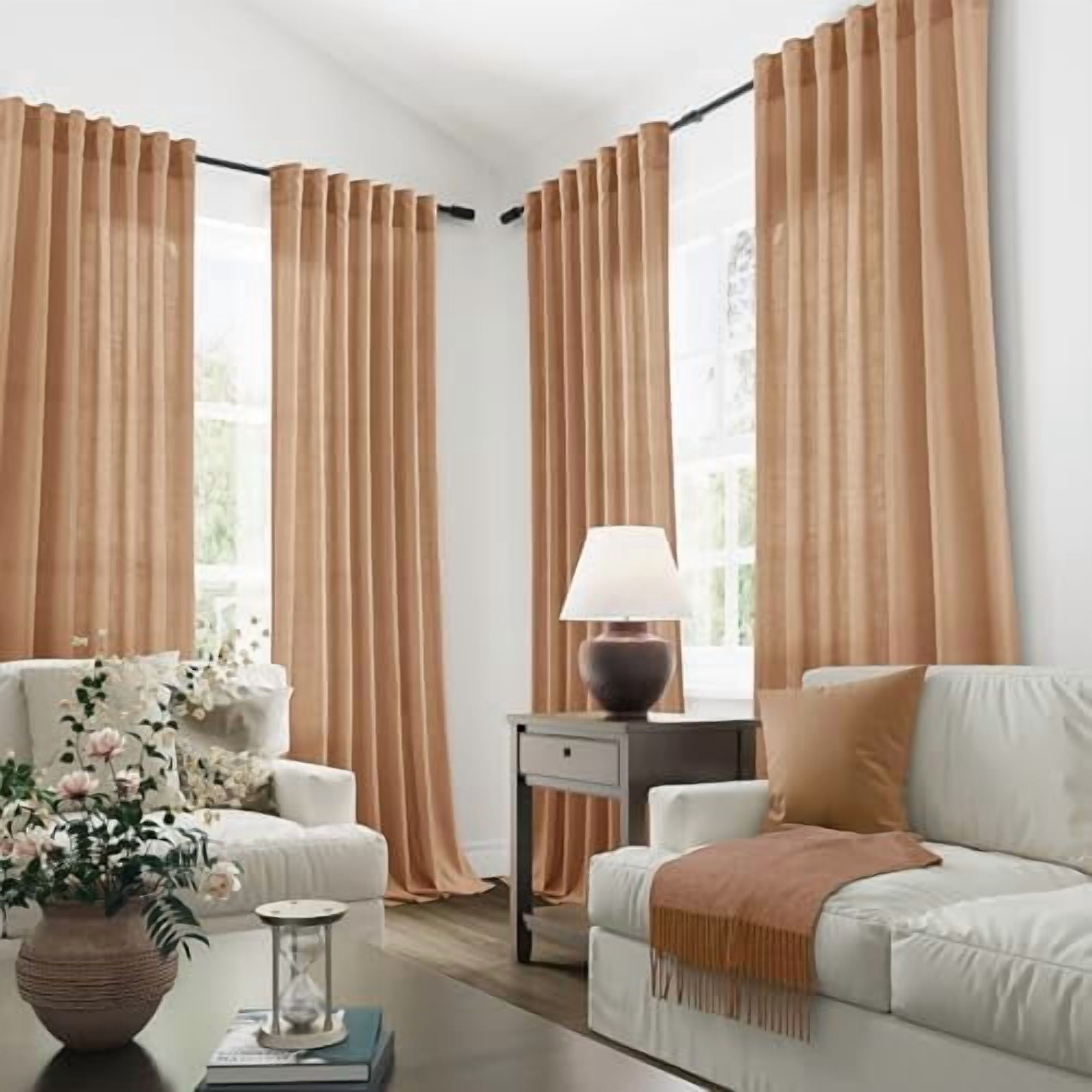 Camel Brown Linen Semi Sheer Curtains 90 Inches Length Light Filtering Neutral Farmhouse Boho Rod Pocket Back Tab Hook Belt Clip Rings Window Drapes for Bedroom Living Room 2 Panels 52x90