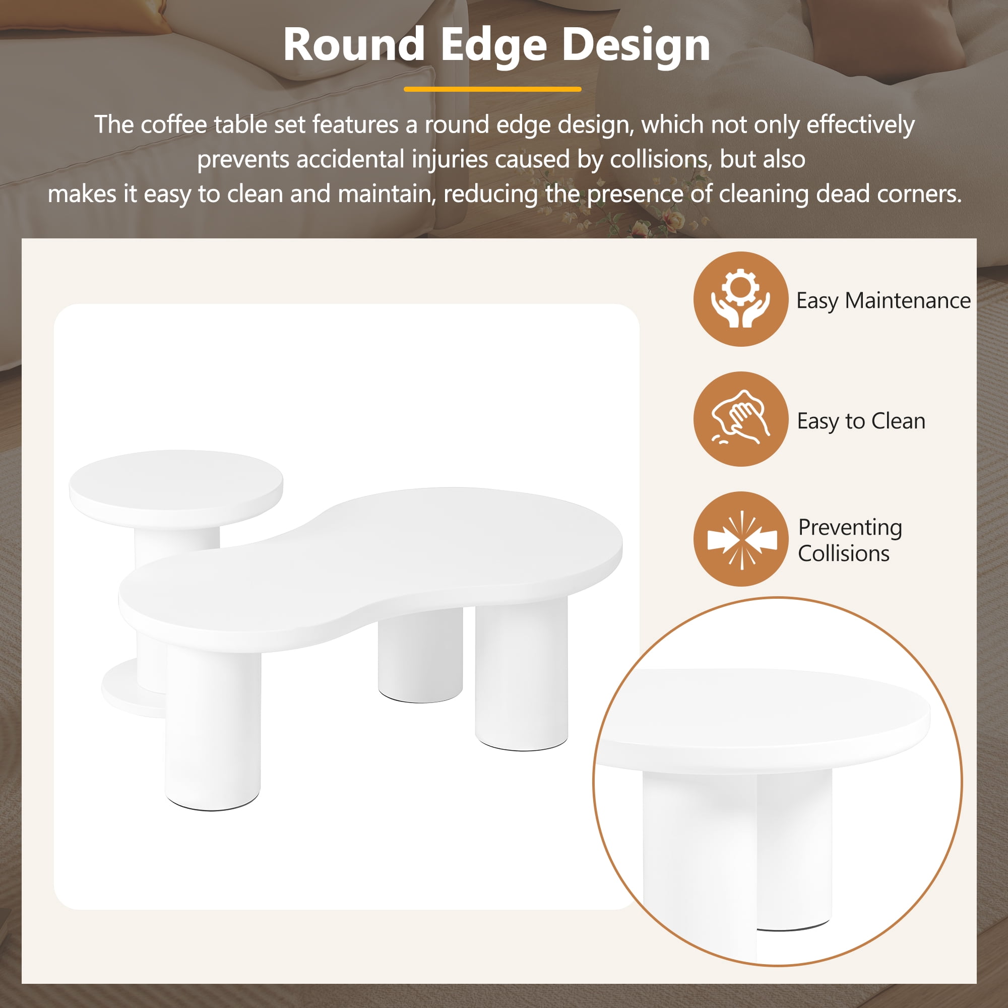 MAYEERTY Easy Assembly Nesting Coffee Table Set of 2, Cream Cloud Coffee Table & Round Side Table, Irregular Modern Center Table with Thick Legs for Living Room, White, 39.3" x 13.7", 15.7"