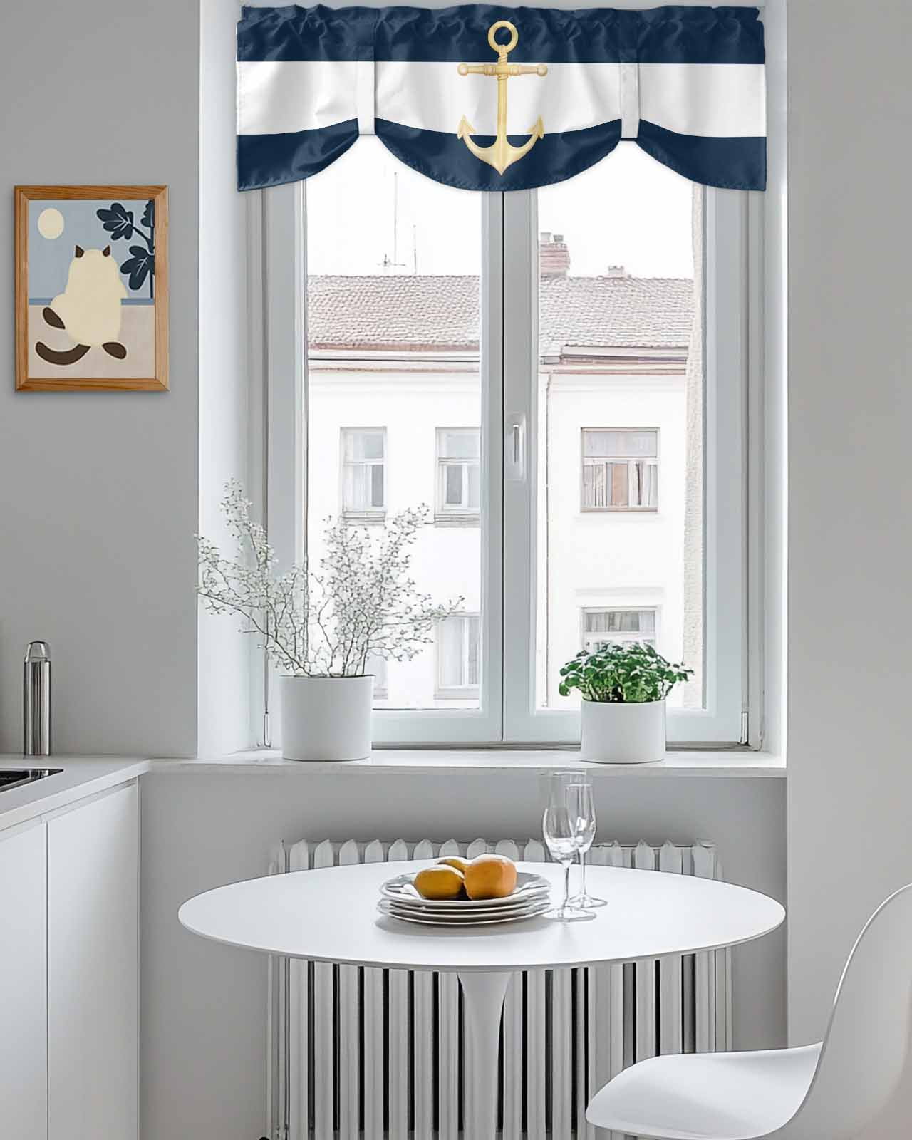 Navy Blue Tie Up Valances Curtain, Stripe Gold Anchor Pattern Kitchen Valances for Windows Decor, Rod Pocket Short Curtains Set for Bedroom/Bathroom, 54"x18"