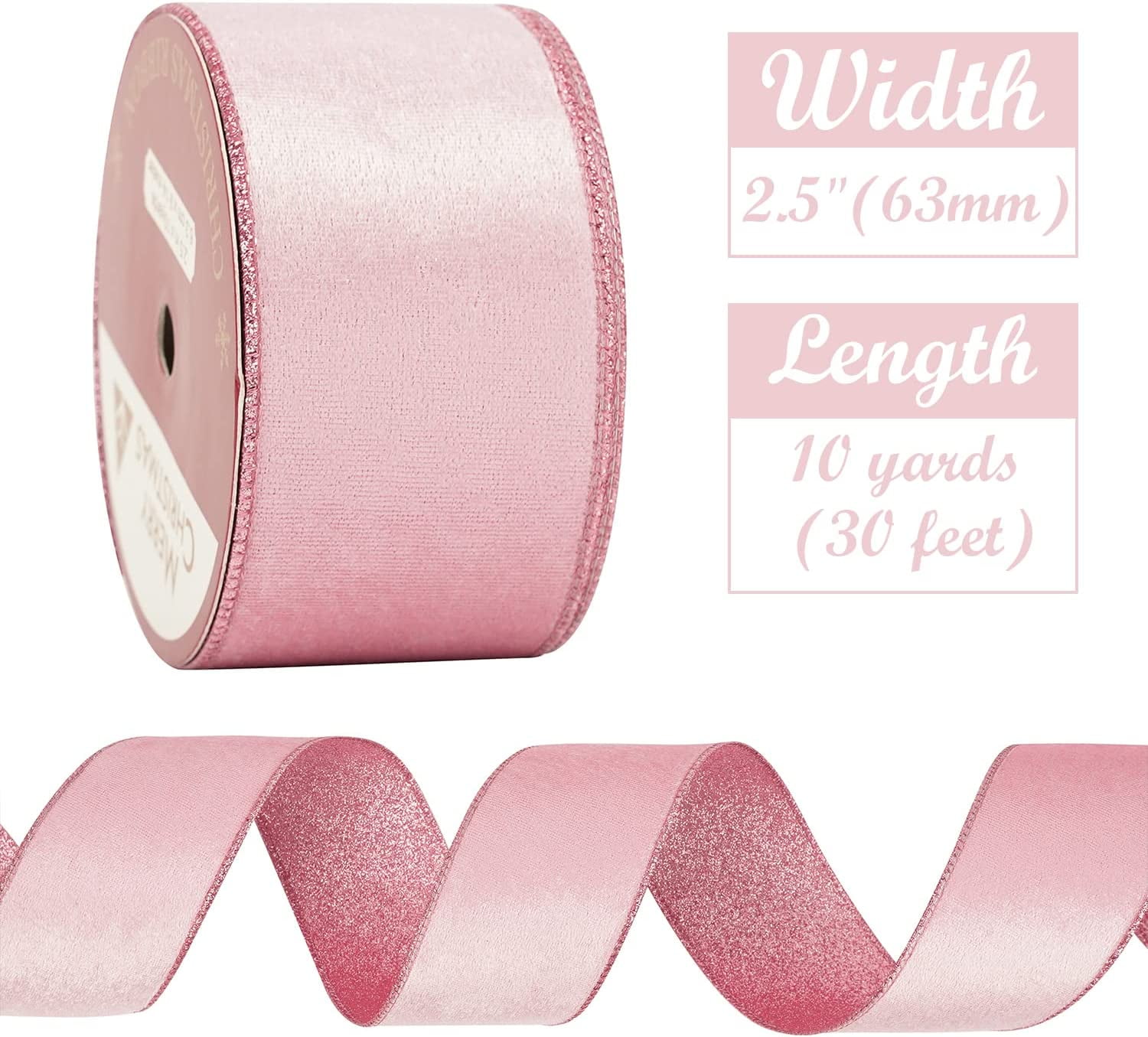 Pink Velvet Wired Ribbon Light Pink with Glitter Christmas Ribbon for Christmas Tree Decorations Wreaths Gift Wrapping Bows Garlands Home Decor Crafts- 10 Yards